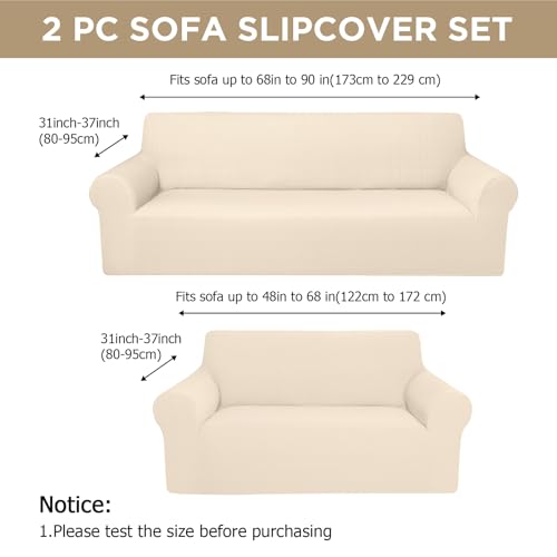 Couch and Loveseat Sofa Covers Set - Beige Fleece, Washable, Non-Slip