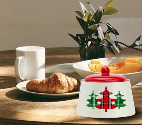 Christmas Ceramic Sugar Bowl with Lid - 8oz Festive Plaid Xmas Tree Design