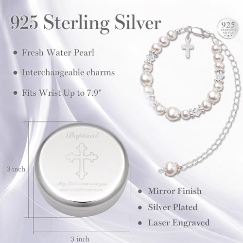 Sterling Silver & Cultured Pearl Baby Girl Baptism Bracelet with Keepsake Box