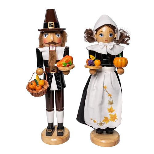 15-Inch Pilgrim Man & Woman Wooden Nutcracker Set - Thanksgiving Decor