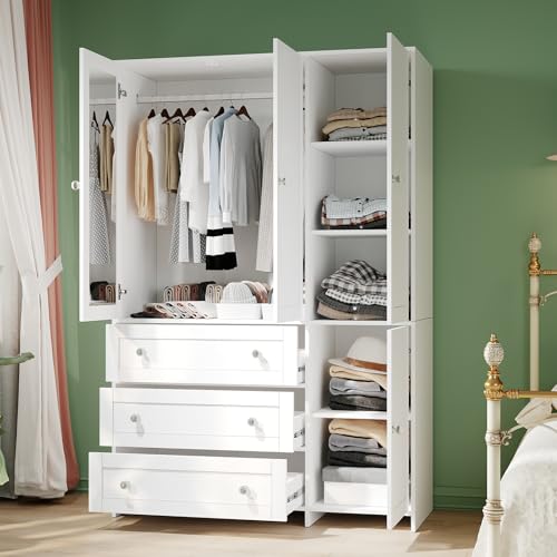 71-Inch Wooden Wardrobe Closet with Mirror, 3 Drawers and Hanging Rod