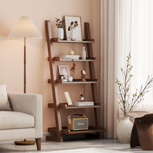 5-Tier Wooden Leaning Ladder Shelf, Modern Rubberwood Bookshelf