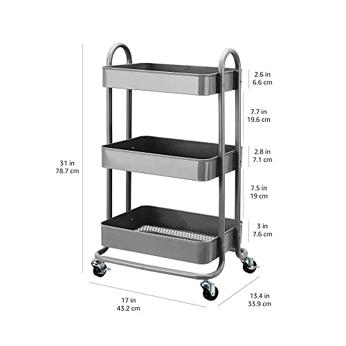 3-Tier Rolling Metal Utility Cart with Lockable Wheels & Mesh Bins, Charcoal