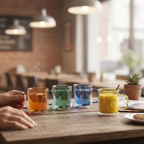 Cloudnola Double Wall Insulated Glass Mugs Set of 4 - Vibrant Coffee Tea Cups