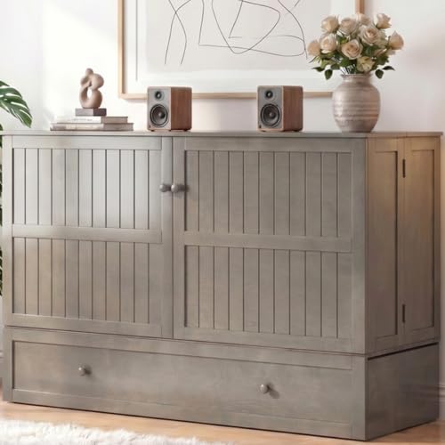 Queen Murphy Bed Cabinet with Tri-Fold Mattress, Drawers & Charging Station