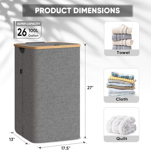 Large Laundry Hamper with Lid and Bamboo Handles, 100L Tall Laundry Basket