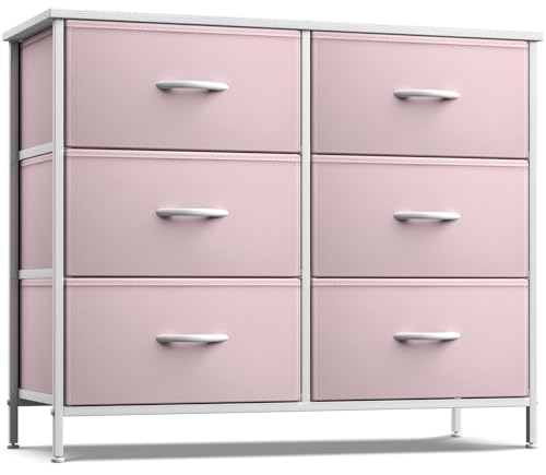 6-Drawer Fabric Dresser with Wood Top, Pink Storage Chest for Bedroom