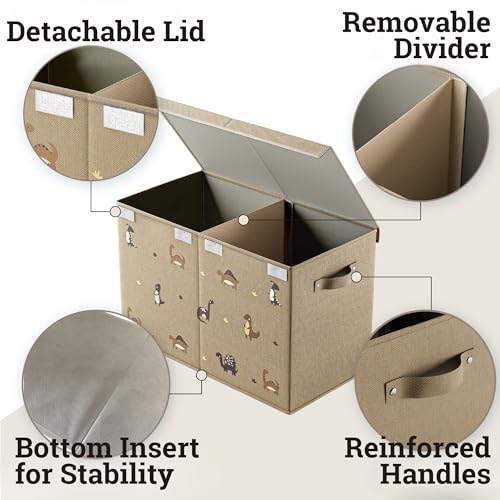 Collapsible Toy Storage Box with Lid, Divider & Dinosaur Print