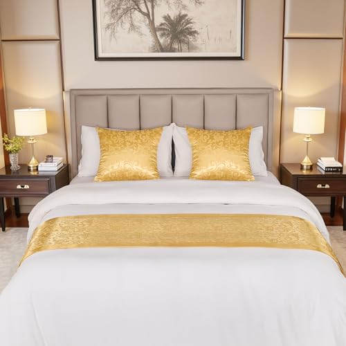 Gold Satin King Size Bed Runner - Luxury Jacquard Bed Scarf (50x240cm)