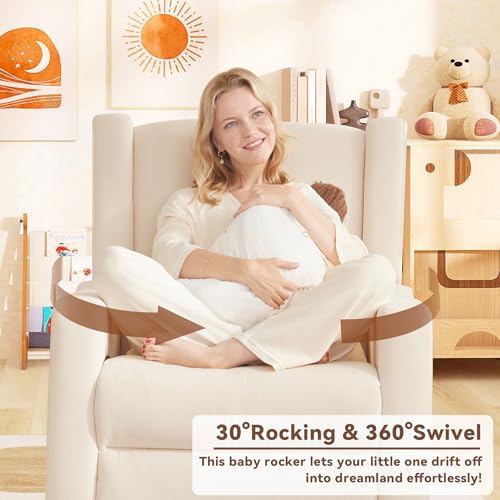 32-Inch Swivel Nursery Rocking Chair with Lumbar Support and Footrest