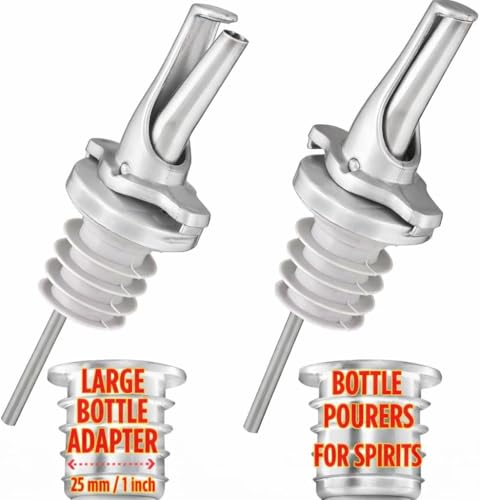 Poura 3-in-1 Silver Airtight Liquor & Olive Oil Bottle Pourers 2-Pack with Adapters