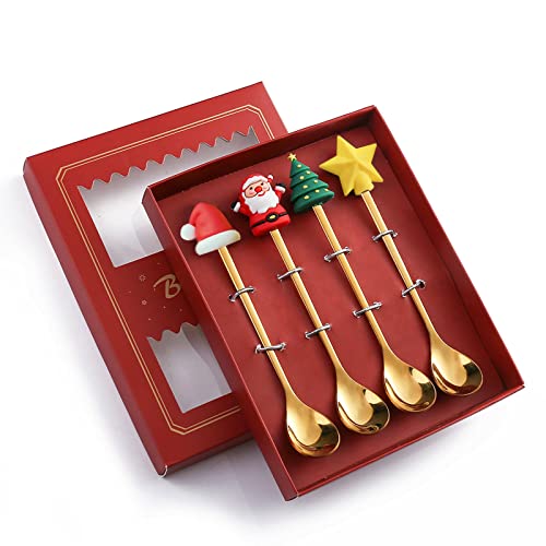 4Pcs Christmas Stainless Steel Coffee Spoons with Red Box Santa Tree Star Holiday Decor