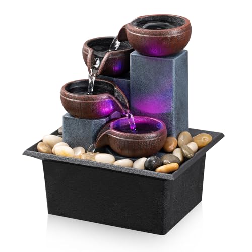 4-Tier Tabletop Indoor Waterfall Fountain with LED Light & River Rocks