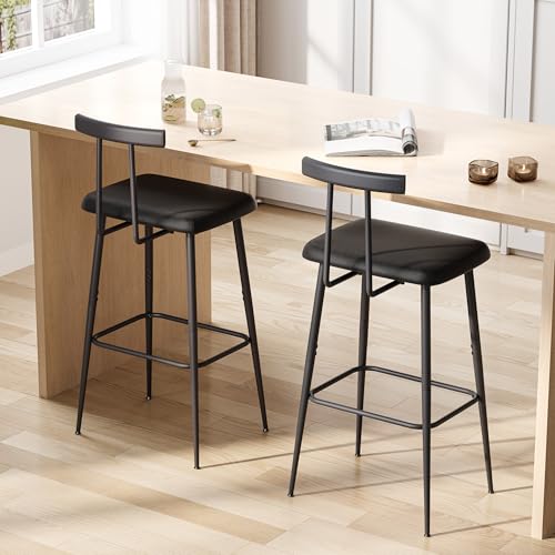 Industrial Matte Black Bar Stools with PU Cushioned Seat - Set of 2