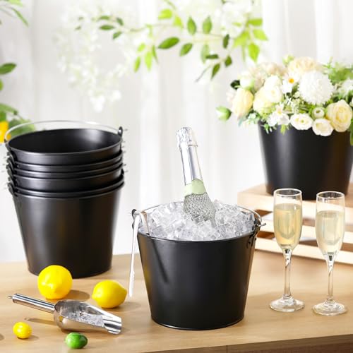 Matte Black Galvanized Beer Buckets Set with Ice Scoops & Tongs - 24 pcs