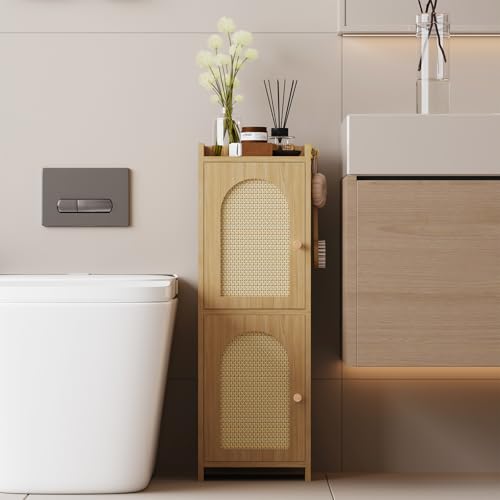 Narrow Rattan Bathroom Storage Cabinet with 2 Doors and Adjustable Shelf