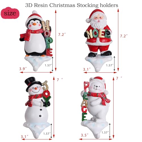 XENTUMI 4-Pack Christmas Stocking Holders with 3D Santa Snowman Penguin Polar Bear
