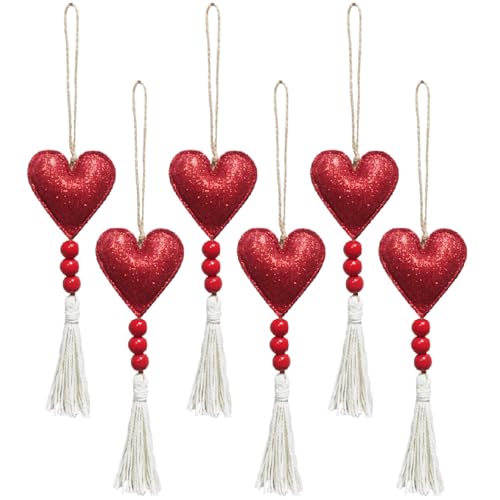 D Variant 6 Pcs Red Glitter Heart Ornaments with Tassels for Christmas Decor