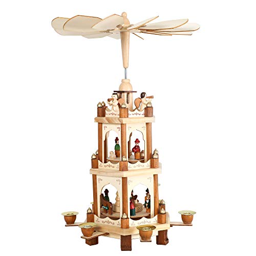 17-Inch Wooden Christmas Nativity Pyramid Carousel - 3-Tier Windmill Candle Holder