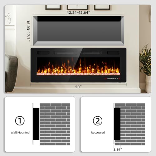 50-Inch Electric Fireplace Insert and Wall Mounted Heater with Remote