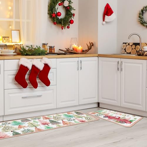 Boho Christmas Kitchen Rugs 2-Piece Set - Forest Trees 17x29 & 17x47 Inches, Colorful Boho Holiday mats