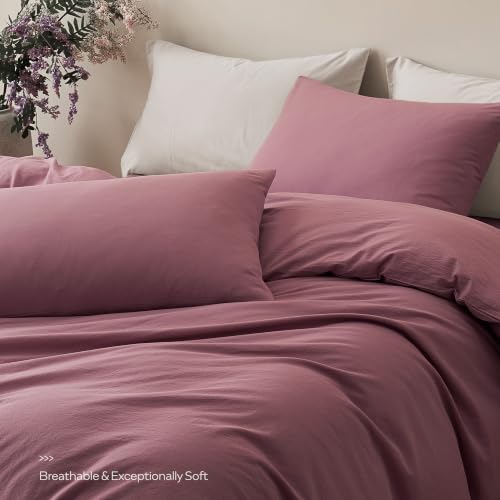 100% Washed Cotton Queen Duvet Cover Set - 3 Piece Linen-Like Bedding