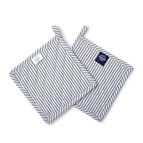 Encasa XO Ticking Navy Blue 8x8 Quilted Pot Holders - Set of 2