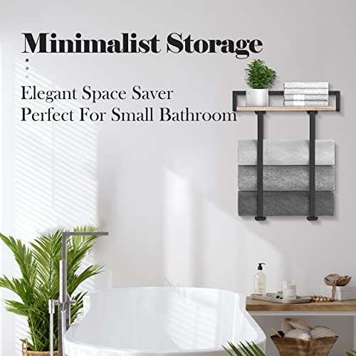 Wall Mounted Towel Rack with Wooden Shelf - Black Metal Bathroom Organizer