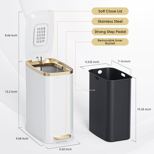 Slim Stainless Steel Bathroom Trash Can with Soft Close Lid - 5L / 1.3 Gal