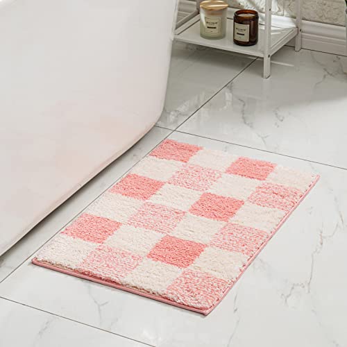CozeCube Blossom Pink Checkered Bath Mat 24"x16" Non-Slip Shaggy Rug