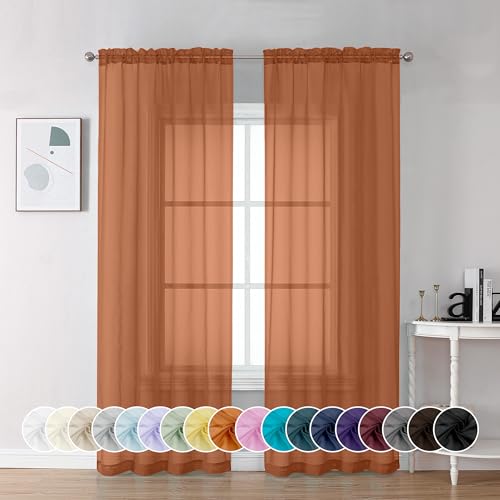 Burnt Orange Sheer Curtains - 84 Inch Length, 2 Panels, Light Filtering Drapes