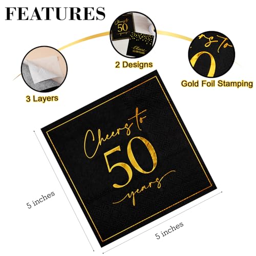 Hunanyume 50 Pack Cheers to 50 Years Black & Gold Cocktail Napkins - Elegant 5x5 Inch Party Supplies for 50th Birthday & Anniversary