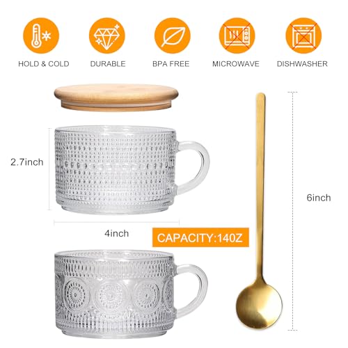 Xigugo Vintage Glass Coffee Mugs Set 4pcs 14oz with Bamboo Lids & Spoons