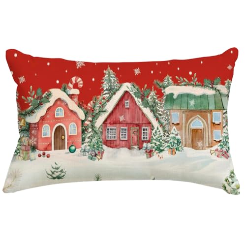 RABUSOFA 12x20 Christmas Pillow Cover Wonderland Forest House Red - Pack of 1