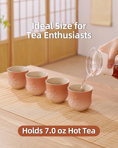 ZENS Pink Sakura Matcha Tea Cups Set of 4 - 210ml Ceramic Japanese Style