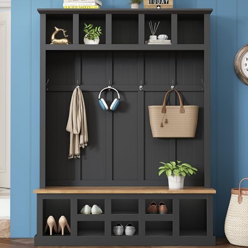 Farmhouse Hall Tree with Bench and Shoe Storage, 6-Hook Entryway Coat Rack