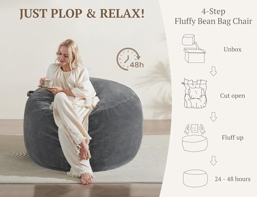 3ft Memory Foam Bean Bag Chair with Removable Velvet Cover, Dark Grey