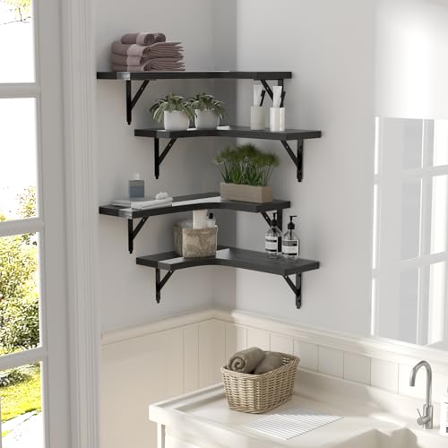 Rustic Wood Corner Floating Shelves - Wall Mounted Display Set of 4 (Black)