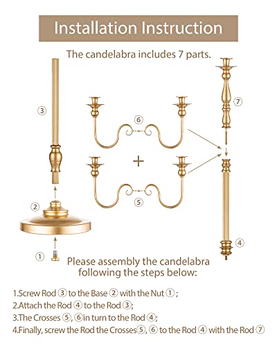 Sziqiqi 50in Gold Floor Candelabra Candle Holders for Weddings, 5-Arm, 2 Pieces