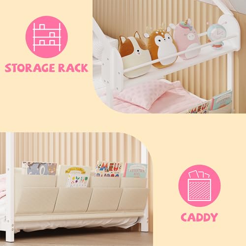 Twin Size Montessori House Bed Frame with Storage Shelf and Guardrails