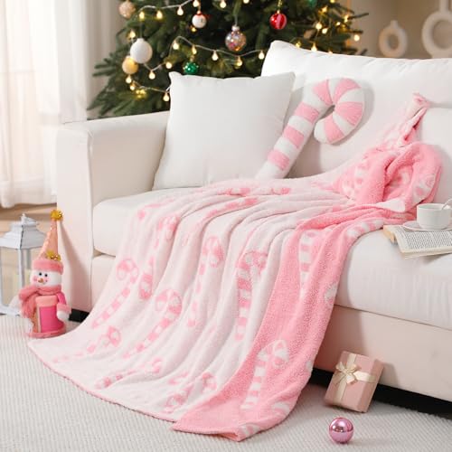 Pink Candy Canes Throw Blanket and Pillow Set - Christmas Home Decor
