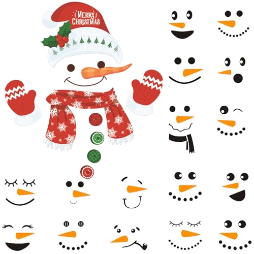 Kaemi Snowman Stickers S2 - 16 Snowman Faces & 1 Fridge Sticker, PVC Christmas Wall Clings