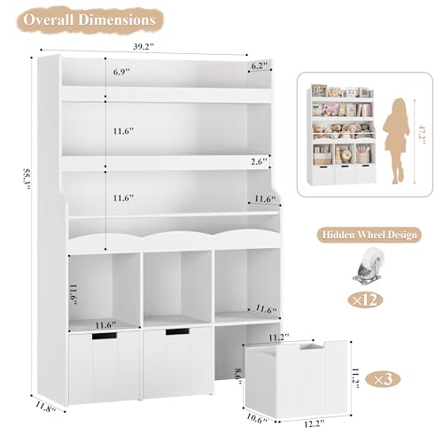 Kids Toy Storage Organizer with Bookshelf and 3 Removable Bins, White