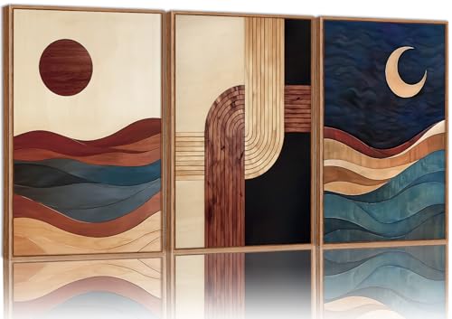 Boho Geometric Framed Canvas Wall Art Set - 3 Piece Sun and Moon Decor