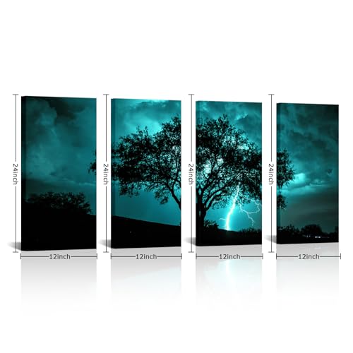 NutArtPic Teal 4-Piece Tree Canvas Wall Art 12x24 set of Framed Landscape Paintings