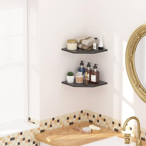 2-Tier Corner Wall Shelf, 13-Inch Deep Wooden Hanging Storage for Decor