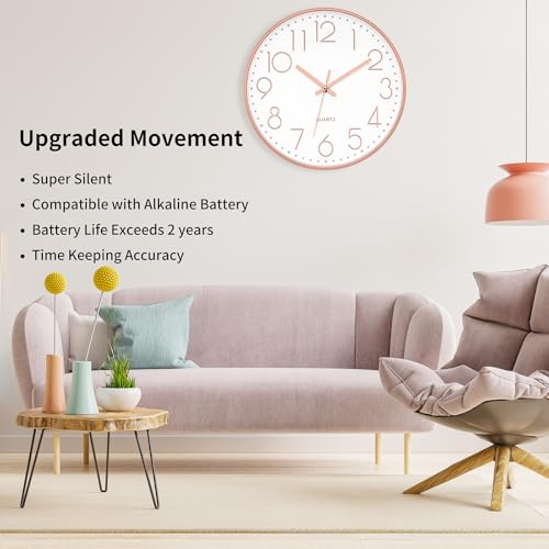 12-Inch Modern Silent Wall Clock, Rose Gold Non-Ticking Quartz Clock