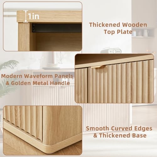 45-Inch Fluted Wood Buffet Cabinet with Adjustable Shelves and Open Storage