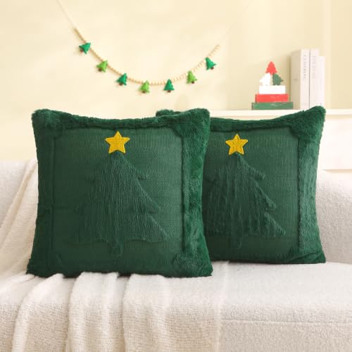 Aolime B Christmas Pillow Covers 18x18 inch Set of 2 Dark Green Embroidered Holiday Decor