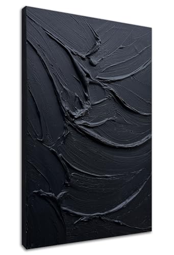 Minimalist Black Textured Oil Painting on Canvas 24x36 Inch Vertical Wall Art